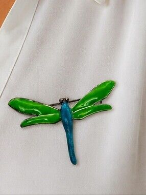 Vintage Silver Tone Pewter Green & Blue Dragonfly Brooch